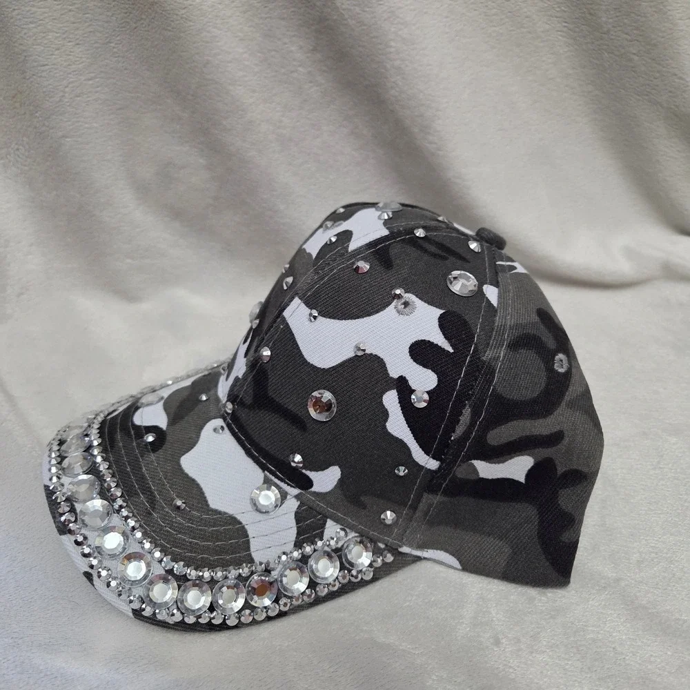 Camo Rhinestone Baseball Cap Gray White Camouflage Bling Studded Hat Adjustable